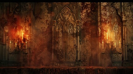 Fototapeta premium Aged stone textures with faded carvings and dim candlelight in Gothic backdrop