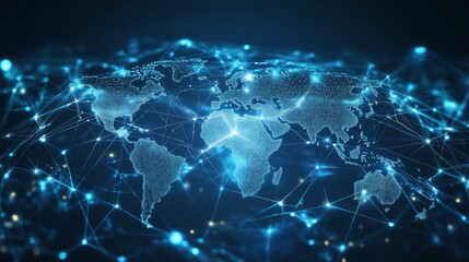 Illuminated world map connected by digital lines, showcasing global communication and technology in a futuristic style.
