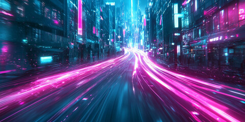 Obraz premium Vibrant light trails in shades of pink and teal flowing through the streets of a futuristic city, leaving glowing paths of energy.