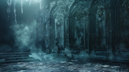 Gothic backdrop of crumbling walls with ornate engravings and moody dark gradients