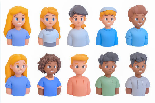 A collection of ten colorful, unique avatars representing diverse individuals in various stylish outfits on white background.