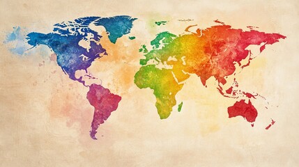 Vibrant watercolor world map showcasing diverse regions in bold colors on a textured background, perfect for educational and decorative use.