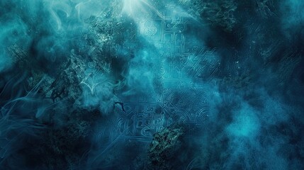 Gothic background with swirling mist mossy stone and subtle ghostly blue light