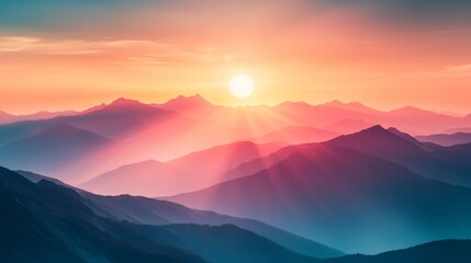 A breathtaking view of mountains at sunset, with vibrant colors and soft light creating a serene and tranquil atmosphere.