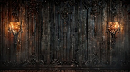 Fototapeta premium Gothic wooden backdrop with ornate carvings shadowy gradients and flickering lights