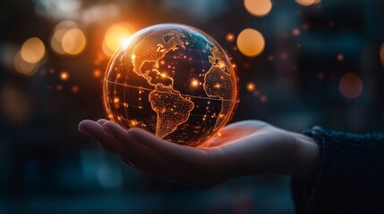 Fototapeta premium A glowing globe held in a hand, symbolizing global connection and technology in a captivating night setting.