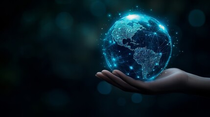A hand holding a glowing digital globe, representing global connection and technology in a digital world.
