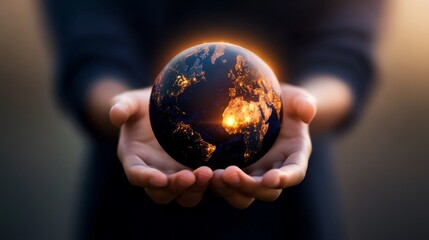 Fototapeta premium A person holds a glowing Earth in their hands, symbolizing care for the planet and global unity, with a beautiful warm light aura.