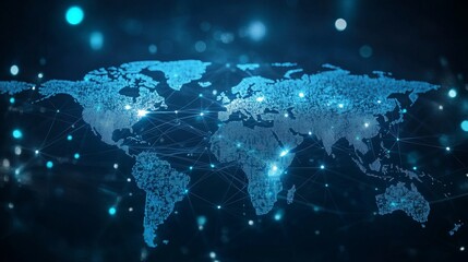 Fototapeta premium A stunning digital illustration of a world map illuminated with blue lights, representing global connectivity and technology.
