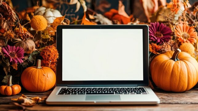 A laptop is open on a table with pumpkins and flowers