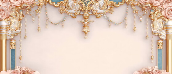 a symmetrical frame border with an empty center space, delicate pastel colors, a Thai fantasy and dreamy style art, numerous small gems hanging , hanging gold