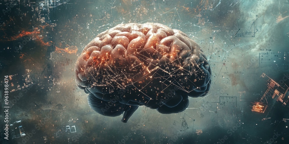 Poster brain with glowing network in space.