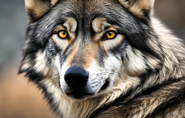 Dog head closeup in jungle, Captivating Closeup of a Grey Wolfs Piercing Yellow Eyes, Portrait of a gray wolf in the autumn forest Animal portrait A Grey Wolf staring close up portrait AI Generated
