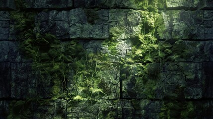 Weathered stone gothic wallpaper with glowing green moss and ghostly light