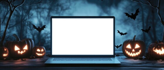 A laptop is on a table with a Halloween theme