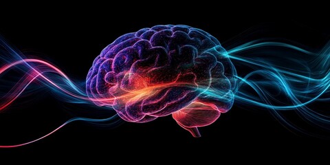 Obraz premium Neon brain with glowing waves.