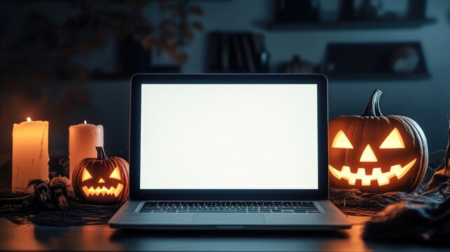 A laptop is on a table with three pumpkins and candles