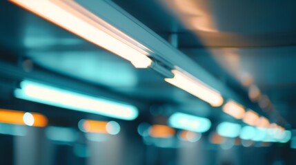 Blurred shot of futuristic ceiling lights with blue and yellow hues, capturing a modern, minimalist ambiance.