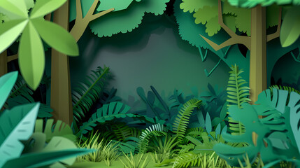 Tropical rainforest with trees and moss in paper cute style