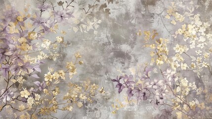 Wallpaper with floral patterns in lavender and gold glowing accents