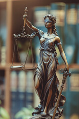 Themis statue with scales and sword. Creative copy space background for Law Firm, Court of Justice and lawyer, attorney or judge business related websites. Interior of Law firm.