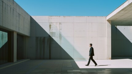 A solitary man in a suit confidently walks through a stark, minimalist architectural space, reflecting precision and modernity.