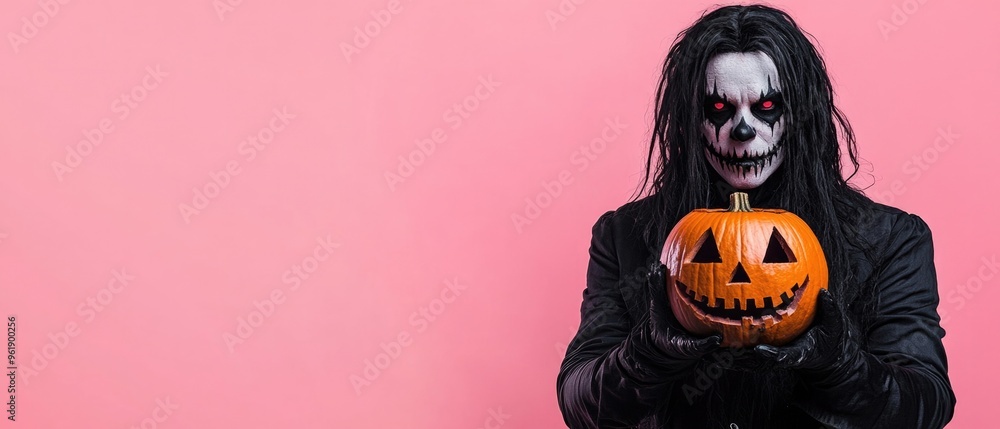 Wall mural a man in a black suit holding a pumpkin