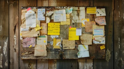 A weathered bulletin board filled with assorted notes, flyers, and announcements, capturing a sense of community and shared information.
