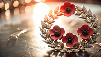 Naklejka premium Flat Glossy Background with Abstract Poppy and Laurel Wreath Elements for Hari Pahlawan - Modern Vector Design Representing Remembrance and Respect