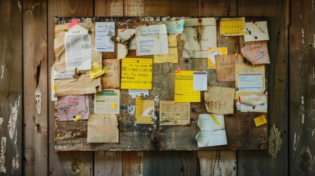 A weathered bulletin board filled with assorted notes, flyers, and announcements, capturing a sense of community and shared information.