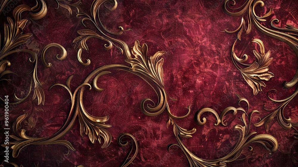 Sticker Mannerism backdrop with twisting scroll motifs in burgundy and gold glowing light