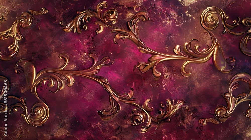 Sticker Mannerism backdrop featuring rich burgundy and gold scroll motifs shimmering light