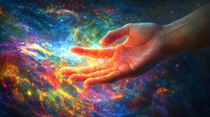 Fototapeta premium Hand Touching the Edge of the Universe: A hand reaching out to touch the shimmering boundary of the universe, with vibrant colors and patterns. 