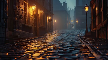 Lofi backdrop of a dimly lit street with hazy lamps casting a golden glow on stones