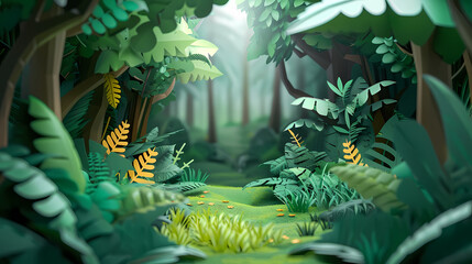 Tropical rainforest with trees and moss in paper cute style