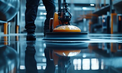 Worker Uses Floor Polisher to Clean Industrial Facility Floor, Creating a Clean and Shiny Surface