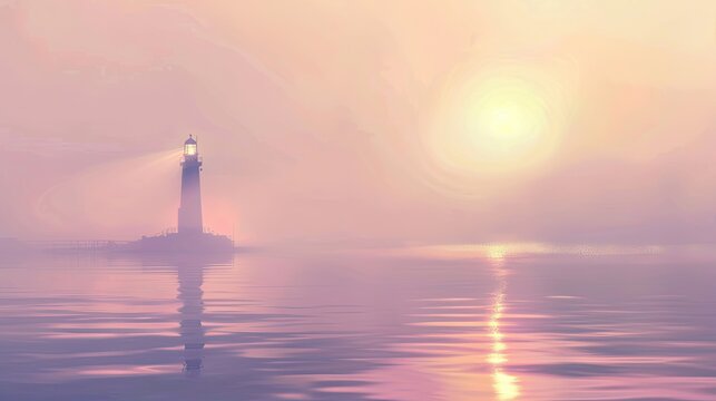 Lofi background with a foggy harbor at dawn pastel hues reflecting on calm water