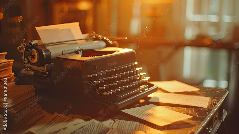 Poster lofi background of a vintage typewriter on a desk softly lit with blurred stacks of paper creating a