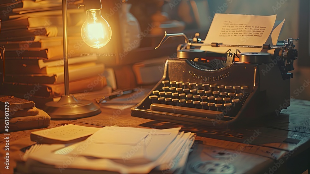 Poster lofi background featuring a typewriter on a desk with softly blurred papers and ambient lighting cre