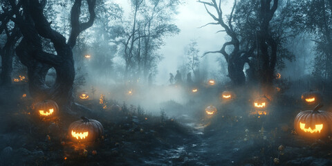 A haunted forest scene with glowing pumpkins, twisted trees, and ghostly figures floating through the fog.