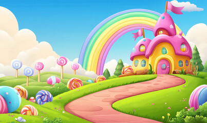 Fototapeta premium Candyland background with rainbow, candy house and lollipops on the grass field cartoon vector illustration design for game background or wallpaper. 