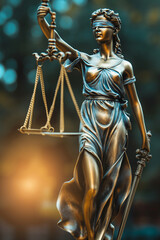 Themis statue with scales and sword. Creative copy space background for Law Firm, Court of Justice and lawyer, attorney or judge business related websites. Interior of Law firm.