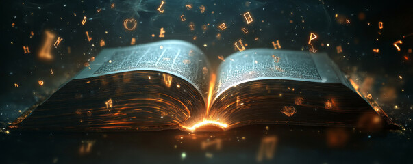 A glowing open book in a dark room, with light beams emerging from it, illuminating floating letters and magical symbols.