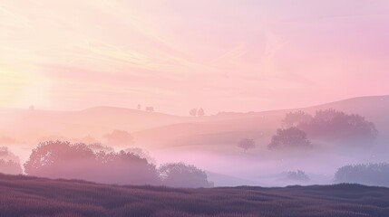 Obraz premium Lofi backdrop of a misty dawn in the countryside featuring soft pastel hues and blurred hills creating a serene peaceful backdrop