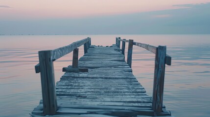 Obraz premium Lofi wallpaper featuring a wooden pier at dusk with soft light reflecting on the water creating a calm blurred background
