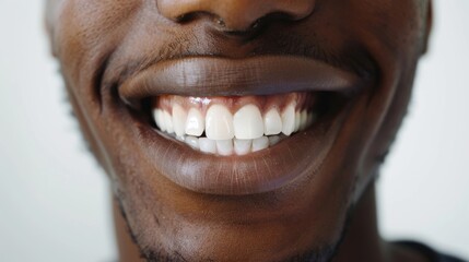 Fototapeta premium A close-up shot of a smiling person's mouth with visibly neat and white teeth, projecting a scene of happiness and good dental care.