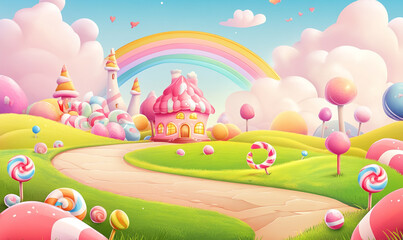 Candyland background with rainbow, candy house and lollipops on the grass field cartoon vector illustration design for game background or wallpaper. 