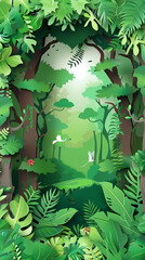 Tropical rainforest with trees and moss in paper cute style