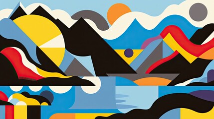 Fototapeta premium Constructivism backdrop featuring a tranquil lake geometric shapes bold contrasting colors and abstracted mountains in industrial forms