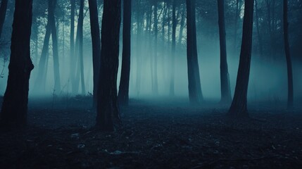A forest with foggy trees and a dark sky